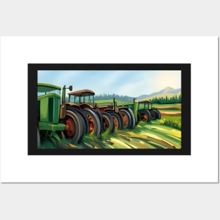 Old green tractors out standing in a field Posters and Art